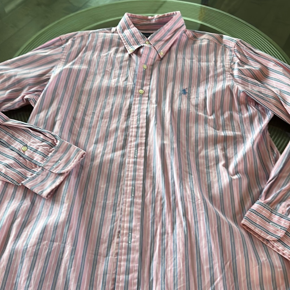 Pink button down shirt with blue stripes